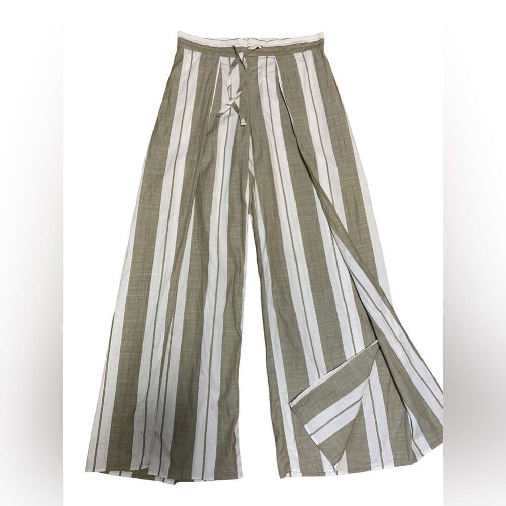 Express split leg white tan pants striped elasticity waist tie front